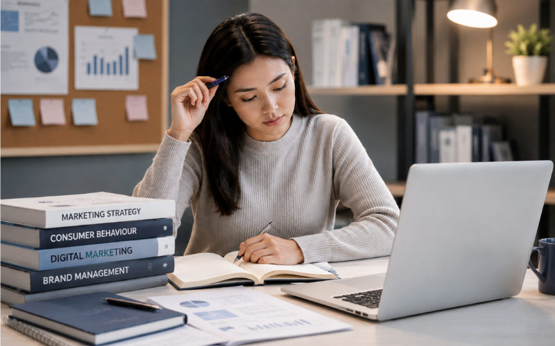 Student studying with books and laptop